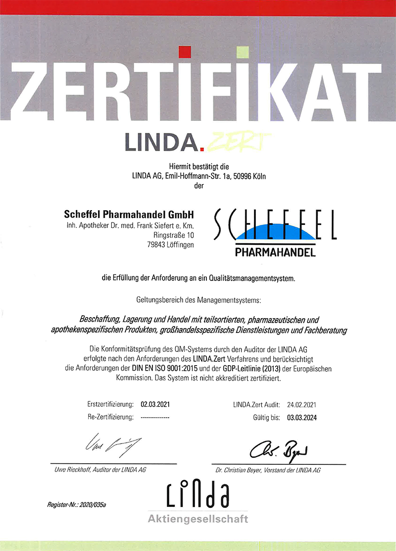 Scheffel Pharmahandel Löffingen Linda Zertifikat